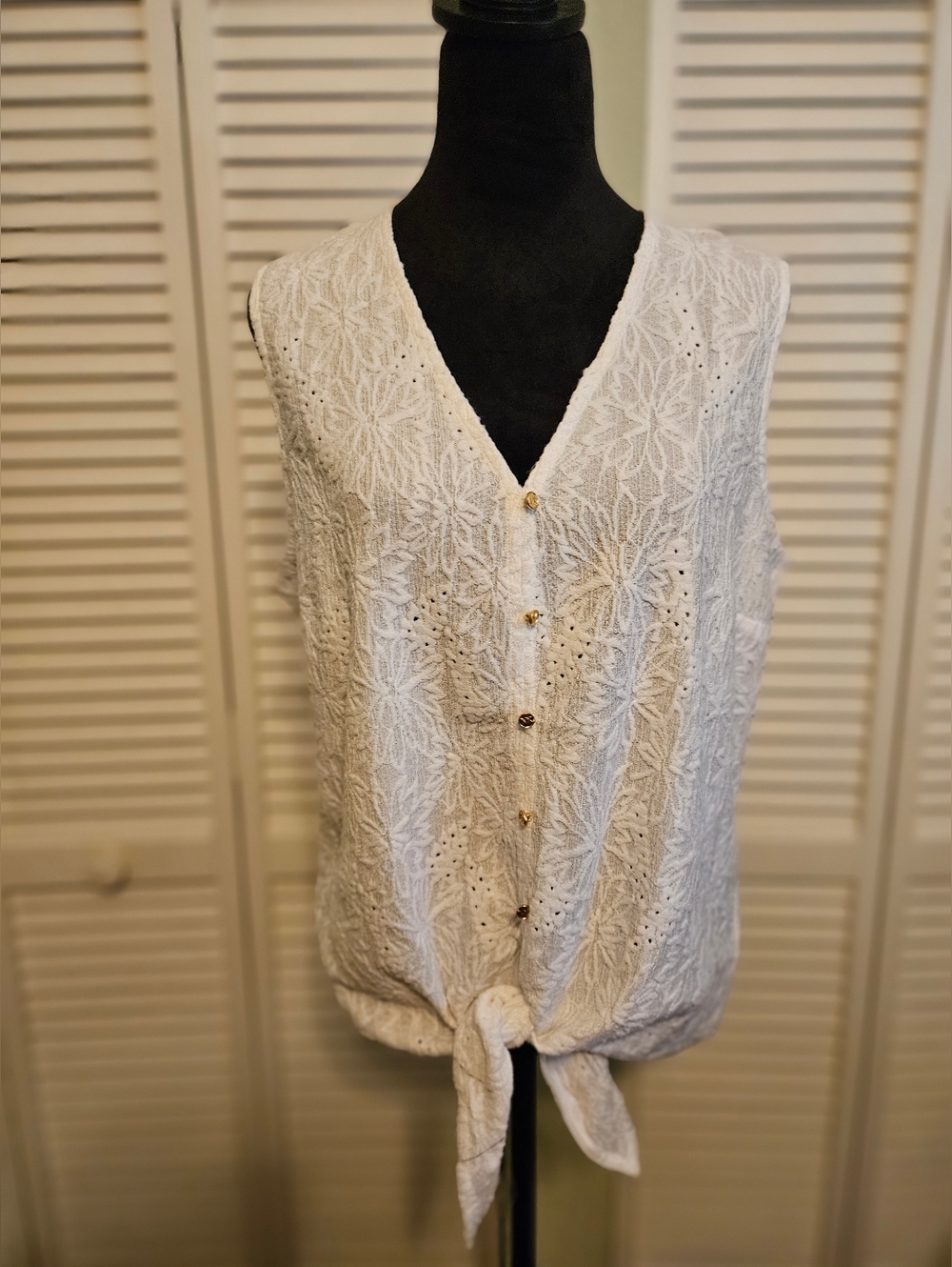 Michael Kors White Floral Eyelet Tie-Front Gold Button Tank Top.